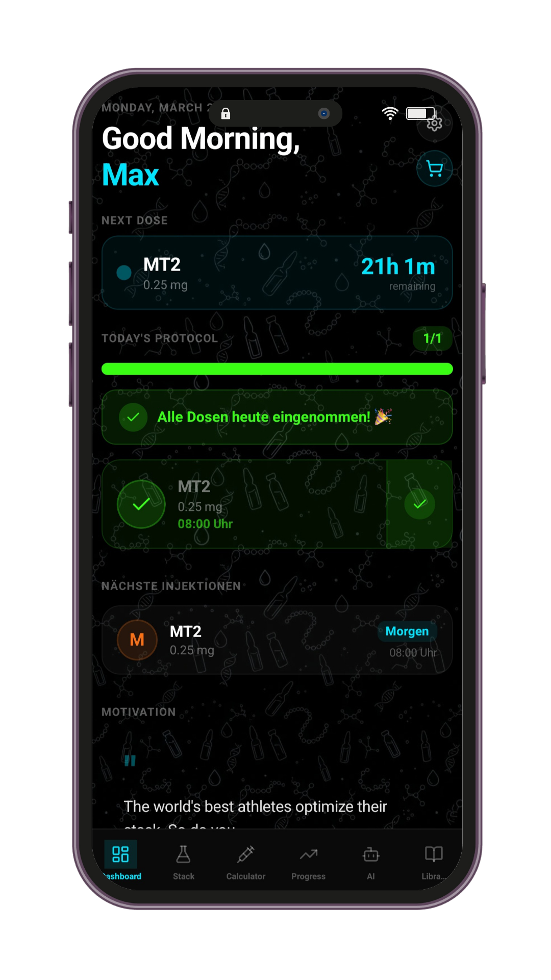 Peptidex app screenshot showing daily protocol dashboard